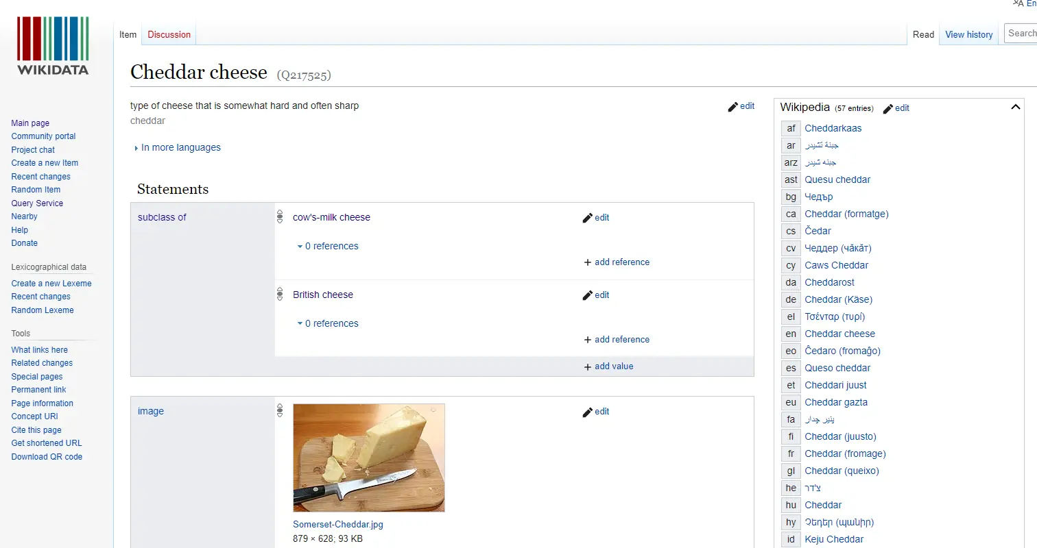Cheddar cheese in wikidata