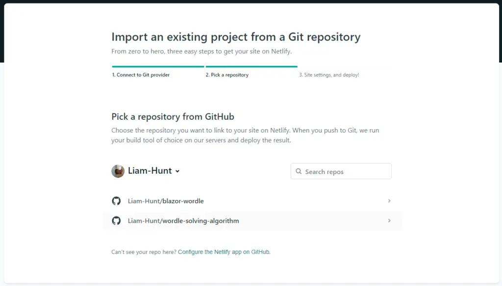 Selecting the repository to deploy on Netlify