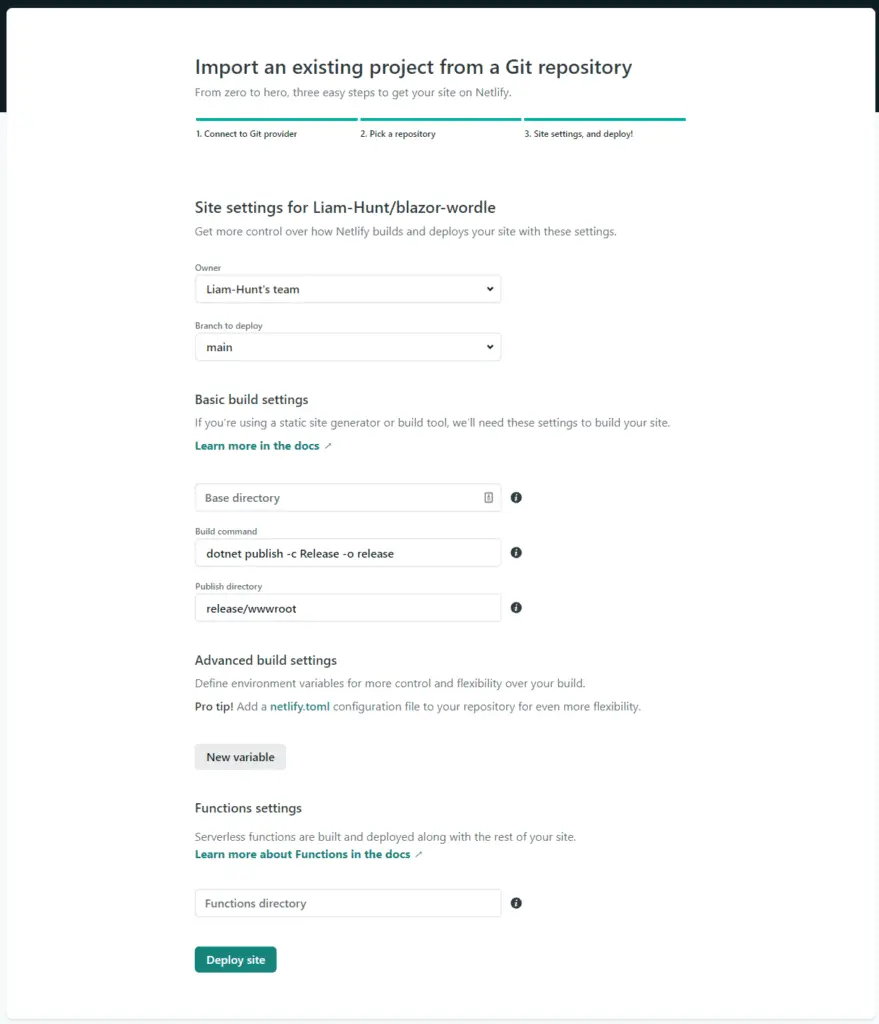 Entering the build command into Netlify