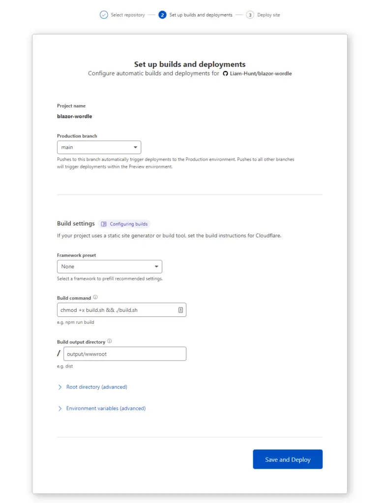 Entering the build command into Cloudflare